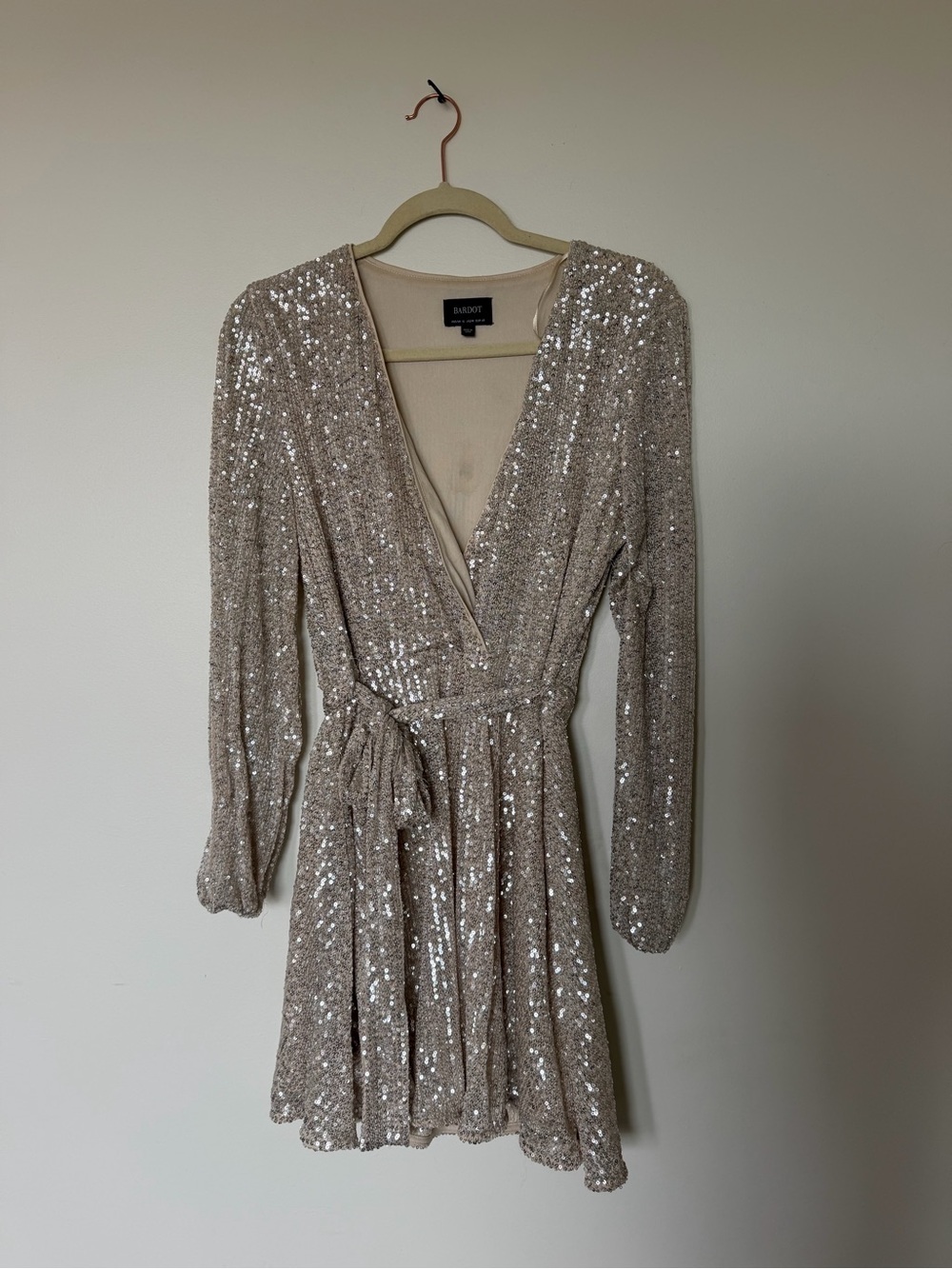 Bardot Champagne Sequin Long Sleeve Wrap Dress